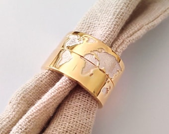 Gouden handgemaakte Earth Map Ring, Silver 925 Map Ring, Gold Globe Map Ring, Earth Map Ring voor mannen, Women's Silver Earth Mar Ring, Traveler Ring