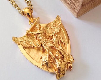 Yellow Gold Plated St Michael Archangel Pendant | Handcrafted Silver 925 St Michael Archangel | Men Silver 925 St Michael Archangel Pendant