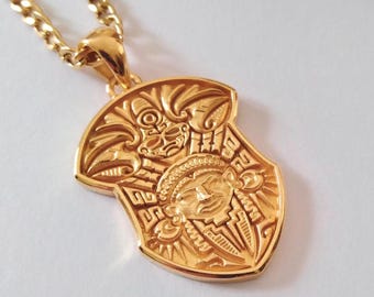 Gold Plated Maya Pendant | Handmade Silver 925 Ancient Maya Pendant | Men's Sterling Silver Maya Pendant | Women's Gold Plated Maya Necklace