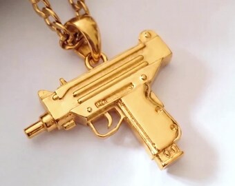 Yellow Gold Gun Pendant | Sterling Silver Automated Machine Gun | Submachine Gun Necklace | Miniature Uzi Charm Pendant | Gun Necklace