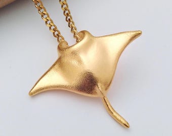 Yellow Gold Plated Manta Ray Pendant | Handcrafted Silver 925 Manta Ray Necklace | Men's Sterling Silver Manta Ray Pendant | Women Manta Ray