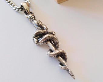 Oxidized Silver 925 Rod of Asclepius Pendant | Handcrafted Silver Rod of Asclepius Pendant | Unisex Rod of Asclepius Pendant | Sword Pendant