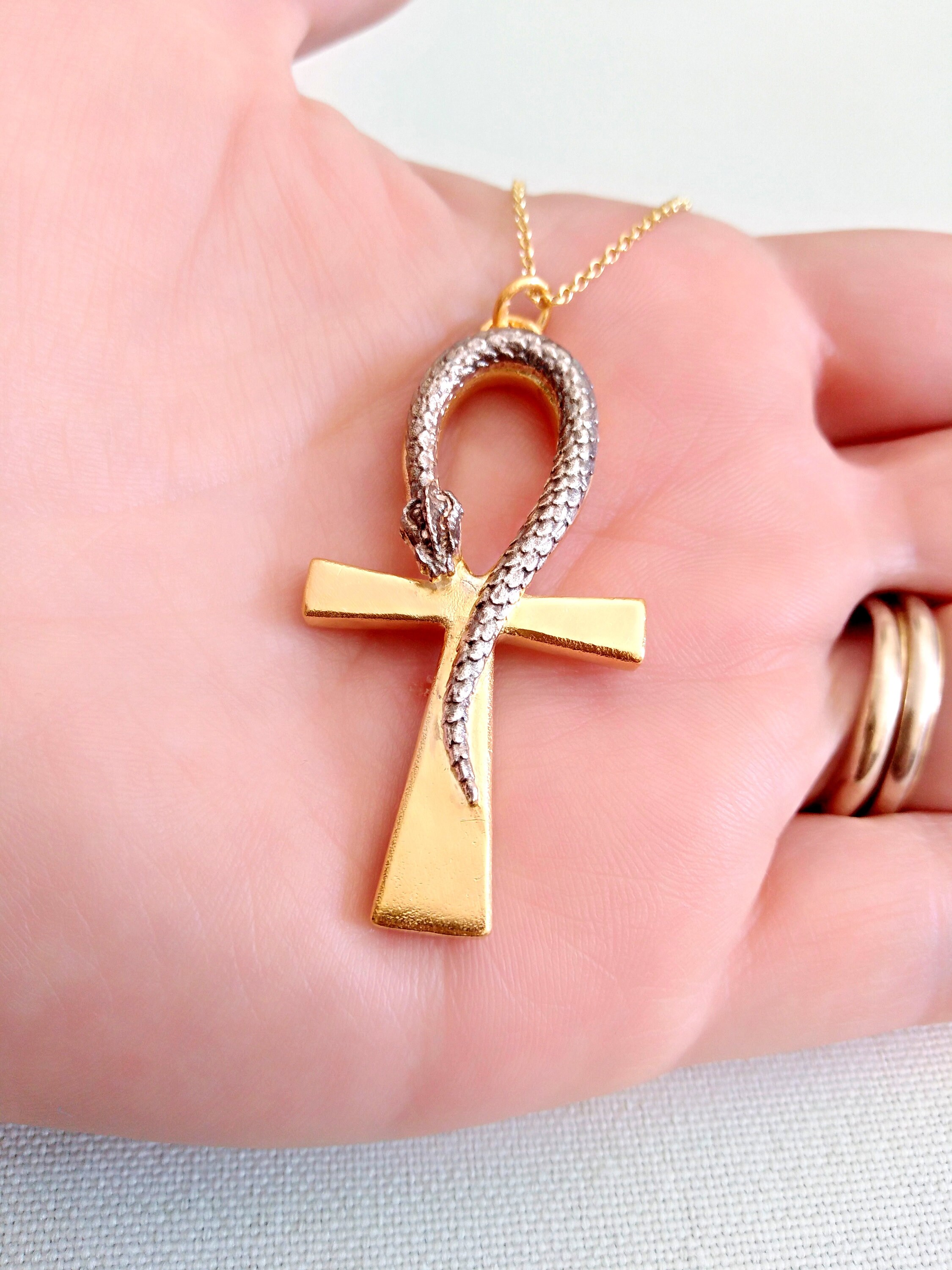 Gold Ankh Cross Pendant With Snake 