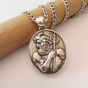 Oxidized Silver 925 Poseidon Pendant | Handcrafted Sterling Silver Greek God Poseidon Necklace | Unisex Greek Jewelry Pendant