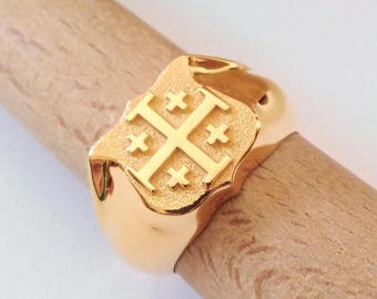 Yellow Gold Plated Jerusalem Cross Ring | Handcrafted Silver 925 Jerusalem Cross Ring | Men's Jerusalem Cross Ring | Women's Cross Ring