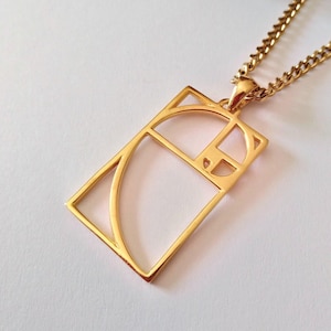 Yellow Gold Fibonacci Pendant | Handcrafted Silver 925 Golden Ratio Necklace | Sterling Silver Fibonacci Pendant | Unisex Fibonacci Pendant