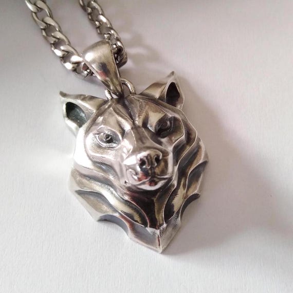 Pendentif loup en argent oxydé 925 Collier artisanal tête de