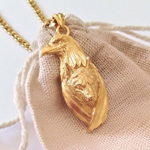 Yellow Gold Wolf Pendant | Silver 925 Eagle with Wolf Necklace | Wolf Jewelry | Men&#39;s Silver Eagle with Wolf Pendant | Women&#39;s Wolf Pendant