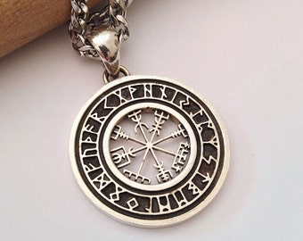 Oxidized Silver 925 Viking Compass Pendant | Handcrafted Aged Sterling Silver Viking Compass Necklace | Unisex Sterling Silver Viking Runes