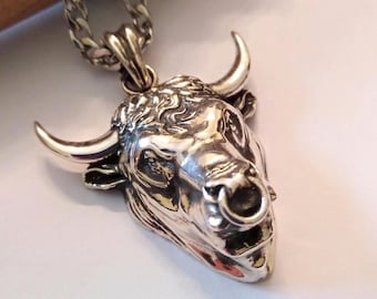 Oxidized Silver 925 Bull Pendant | Handcrafted Aged Sterling Silver Bull Necklace | Men's Sterling Silver Bull Pendant | Silver Bull Jewelry