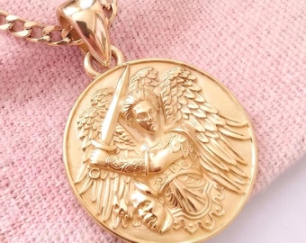 Yellow Gold Plated St Michael Archangel Pendant | Solid Silver 925 Protection Amulet Jewelry | Patron Saint Defender Medal Necklace