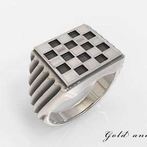 Oxidized Silver 925 Chess Board Ring | Handcrafted Aged Sterling Silver Chess Board Ring | Silver Signet Chess Board Ring for Men and Women