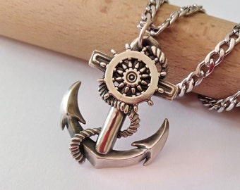 Oxidized Silver 925 Nautical Anchor with Wheel Pendant | Handcrafted Aged Sterling Silver Nautical Anchor Pendant | Ship's Wheel Pendant