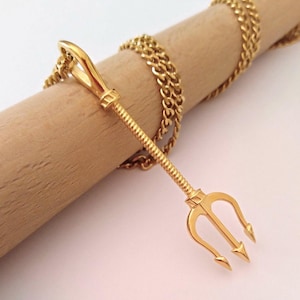 Yellow Gold Trident Pendant | Handcrafted Silver 925 Trident Pendant | Men&#39;s Gold Plated Trident Pendant | Sterling Silver Trident Necklace