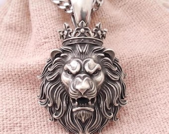 Oxidized Silver 925 Lion with Crown Pendant | Sterling Silver Lion Necklace | Crown Lion Jewelry | Gothic Lion Pendant | Silver Lion Pendant