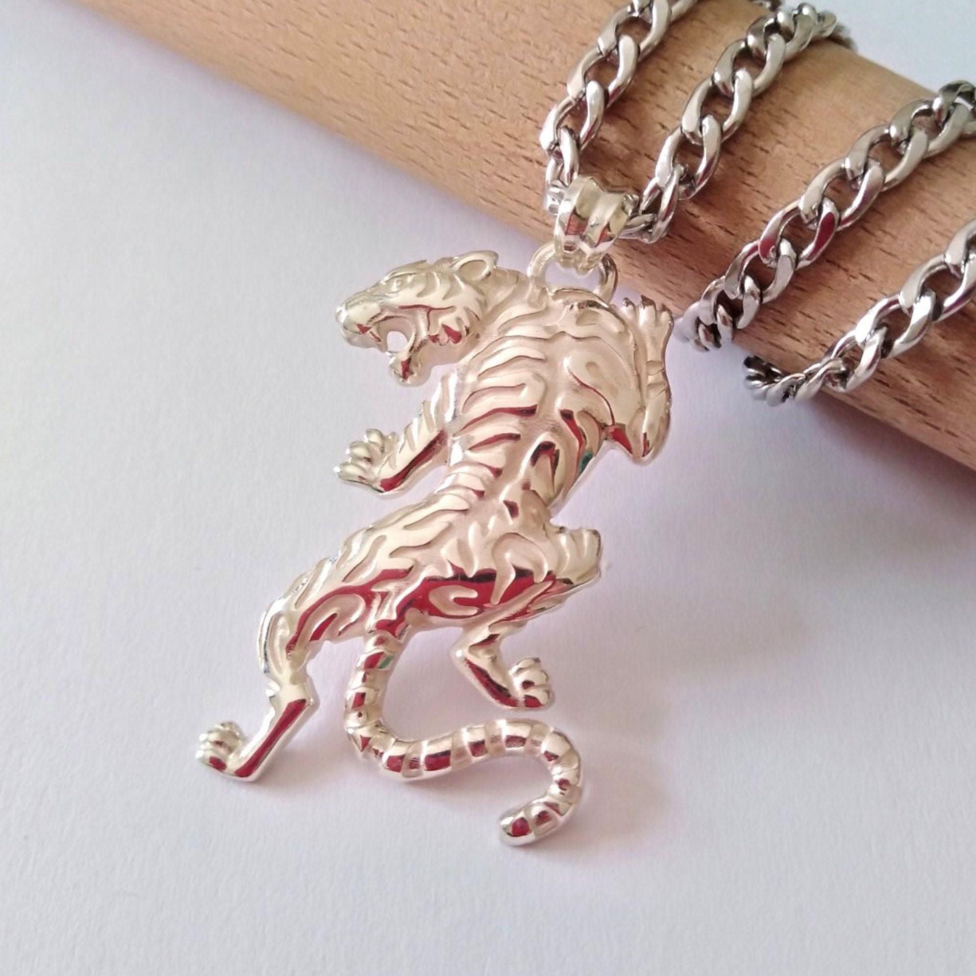 Gold Tiger Pendant, Silver 925 Tiger Necklace, Men's Silver