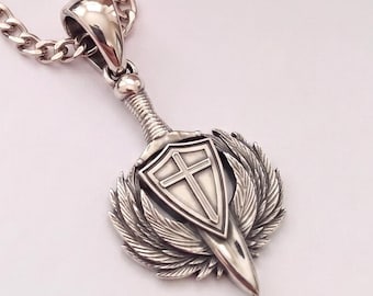 Colgante de plata oxidada 925 con espada del Arcángel Miguel / Collar religioso de plata de ley / Armadura de San Miguel / Colgante de protección divina