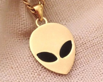 Gold Alien Necklace | Silver 925 Alien Pendant | Rose Gold Alien Jewelry | Science Necklace | UFO Jewelry | Men's Gold Alien Head Pendant