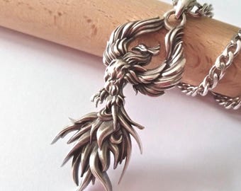 Oxidized Silver 925 Phoenix Bird Pendant | Handcrafted Aged Sterling Silver Rising Phoenix Necklace | Men's Phoenix Pendant | Phoenix Jewel