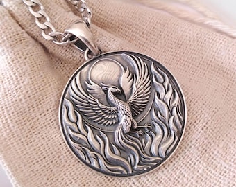 Oxidized Silver 925 Phoenix Pendant | Handcrafted Aged Sterling Silver Rising Phoenix Necklace | Greek Mythology Rising Phoenix Pendant