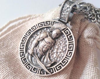Oxidized Silver 925 Spartan Warrior Pendant | Handcrafted Aged Sterling Silver Spartan Warrior Necklace | Men Silver Spartan Warrior Pendant