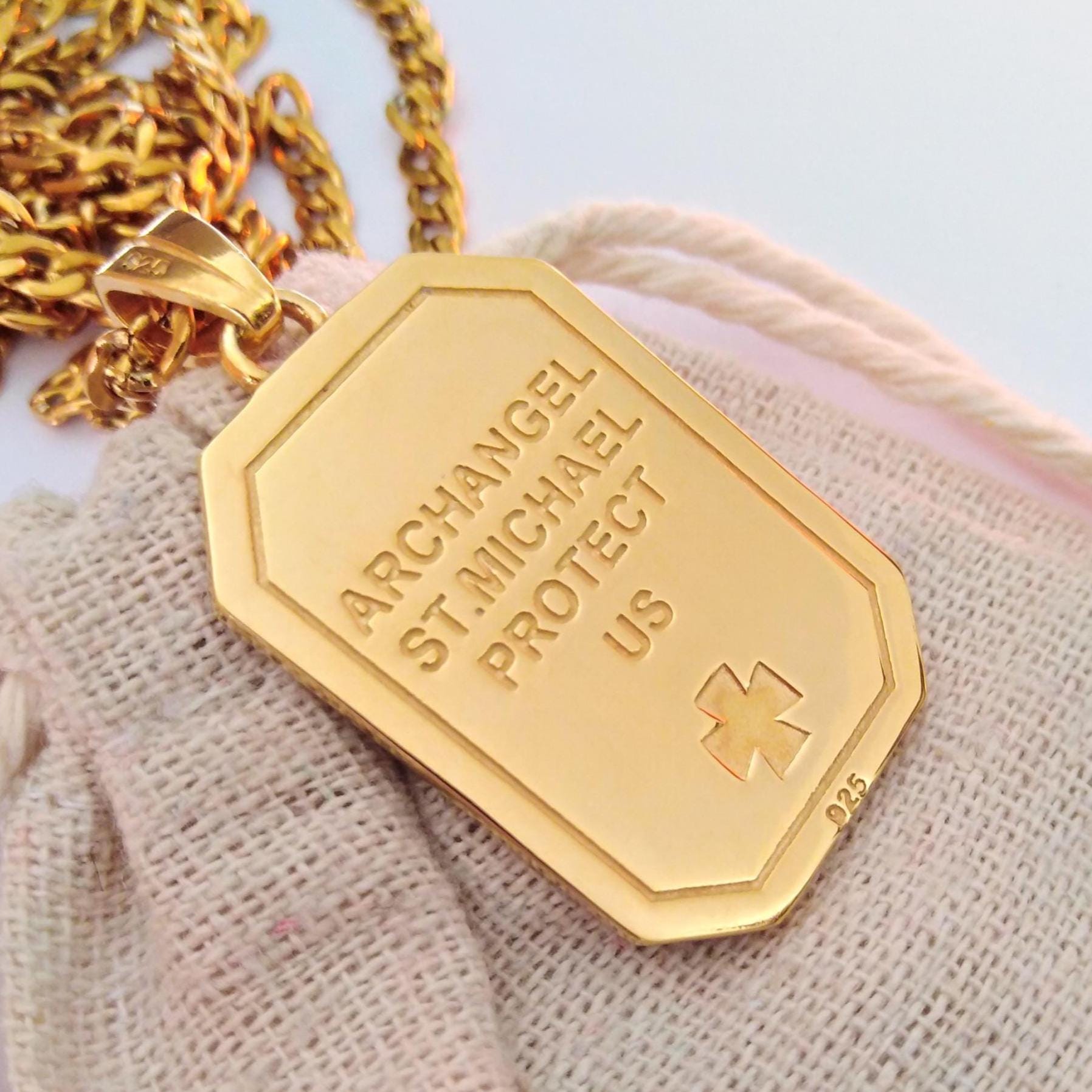 TANGPOET Collana San Michele Arcangelo In Argento 925 Placcato Oro 24K - Ciondolo Benedetto Con Catena 20+2 Pollici