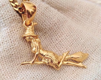 Yellow Gold Plated Witch Pendant | Silver 925 Handmade Small Witch Necklace | Women Witch on a Broom Pendant | Women's Witch Broom Pendant