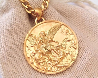 Yellow Gold Plated St Michael Archangel Pendant | Women's St Michael Archangel Necklace | Men's Sterling Silver St Michael Archangel Pendant