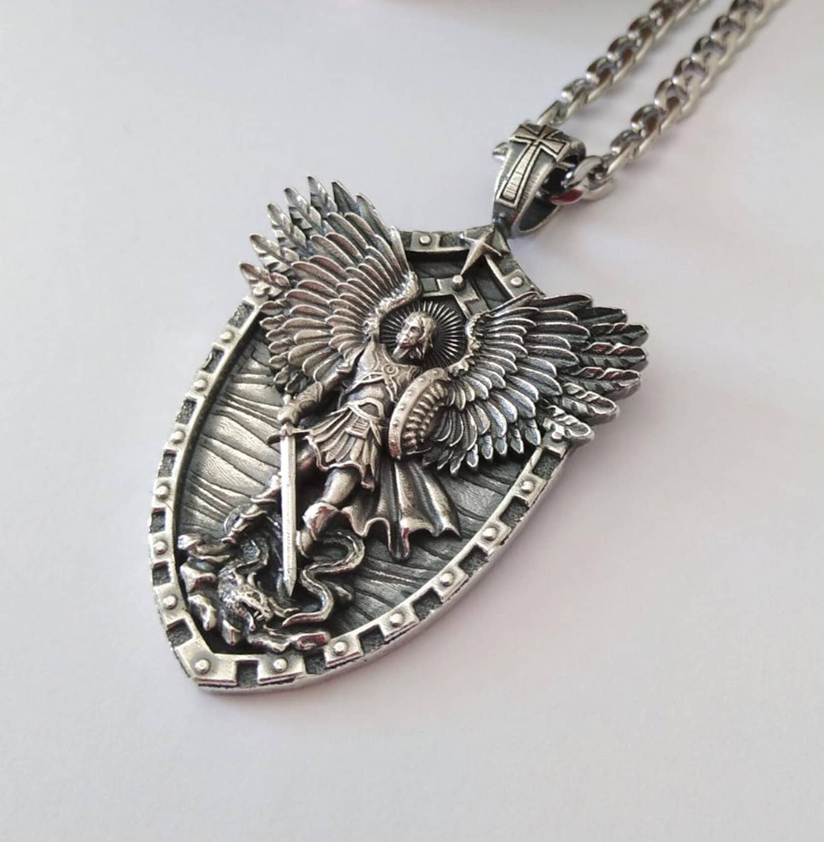 Oxidized Silver 925 St Michael Archangel Pendant | Handcrafted Aged ...