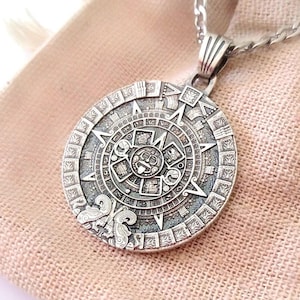 Oxidized Silver 925 Aztec Calendar Pendant | Handcrafted Aged Sterling Silver Aztec Calendar Necklace | Aztec Calendar | Mythology Pendant