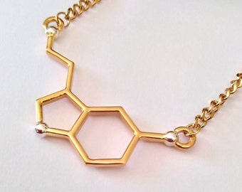 Gold Serotonin Pendant, Silver 925 Serotonin Necklace, Serotonin Jewelry, Sterling Silver Science Pendant, Biology Pendant, Molecule Pendant