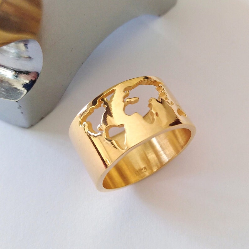 Gold World Map Ring, Earth Map Ring, Women's World Map Ring, Men's World Map Ring, Traveller's Ring, Women's Sterling Silver World Map Ring image 3