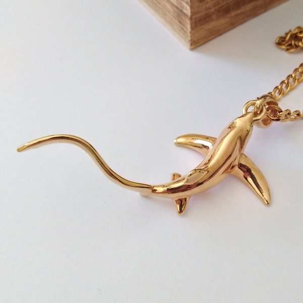 Gold Plated Thresher Shark Pendant | Handmade Sterling Silver Shark Necklace | Women's Shark Pendant | Men's Silver Thresher Shark Pendant