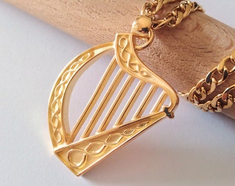 Yellow Gold Plated Celtic Harp Pendant | Silver 925 Harp Necklace | Men Celtic Harp Pendant | Women Lyre Necklace | Celtic Harp Pendant