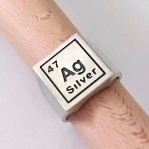 May include: A silver ring with a square design featuring the chemical symbol for silver, Ag, and the word "Silver" inscribed on it. The ring also includes the atomic number 47.