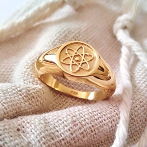Yellow Gold Atom Ring | Handcrafted Sterling Silver Atom Ring | Men&#39;s Atom Signet Ring | Women&#39;s Gold Atom Ring | Atom Ring | Science Ring