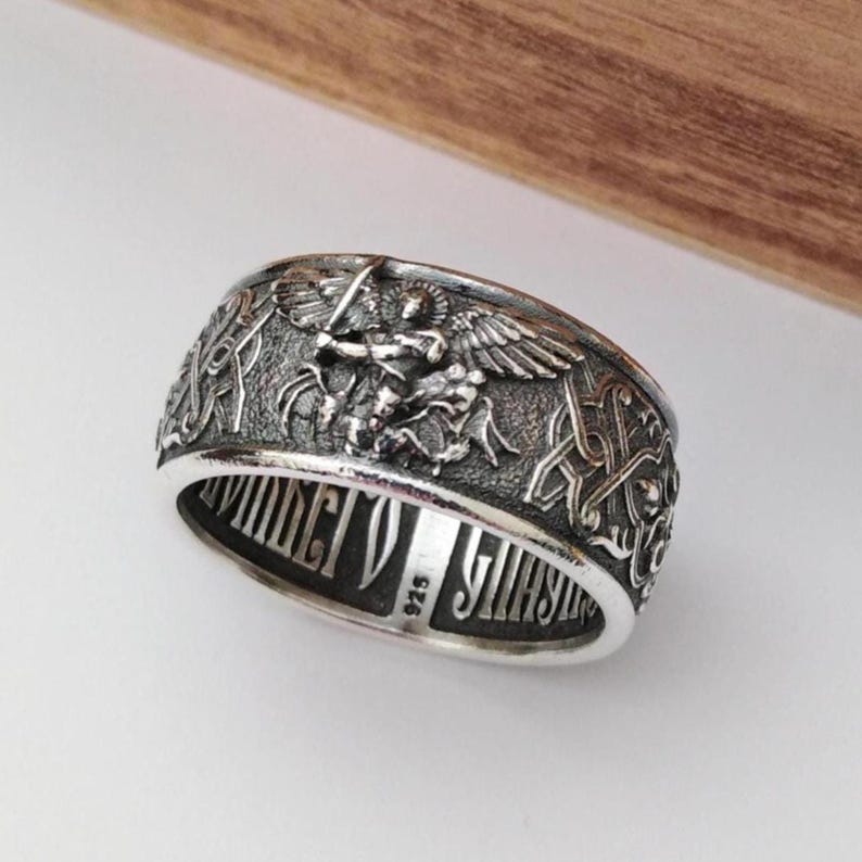 Oxidized Silver 925 St Michael Archangel Protector Ring | Handcrafted Aged Silver 925 St Michael Archangel Ring | St Michael Archangel Ring Aged Silver 925