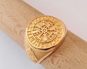 Yello Gold Plated Viking Runes Ring | Handcrafted Sterling Silver Viking Ring | Tree of Life Ring | Celtic Jewelry | Men's Viking Runes Ring