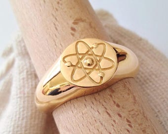 Yellow Gold Plated Atom Ring | Handcrafted Sterling Silver Atom Ring | Men's Silver 925 Atom Ring | Women's Atom Ring | Science Jewelry