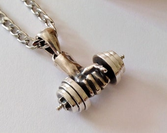 Oxidized Silver 925 Dumbbell with Bodybuilder Hand Pendant | Handcrafted Aged Sterling Silver Bodybuilder Pendant | Silver Dumbbell Pendant