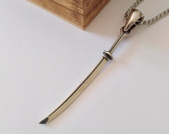 Oxidized Silver 925 Katana Sword Pendant | Handcrafted Aged Sterling Silver Katana Sword Necklace | Men's Silver 925 Katana Sword Pendant