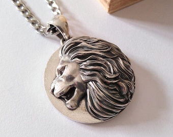Oxidized Silver 925 Lion Pendant | Hancrafted Silver 925 Lion Necklace | Lion Head Pendant | Men's Lion Pendant | Lion Pendant