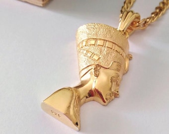 Yellow Gold Plated Nefertiti Pendant | Handcrafted Silver 925 Nefertiti Necklace | Egyptian Pendant | Women's Queen Necklace | Plated Brass