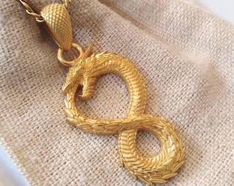 Yellow Gold Plated Dragon Pendant | Handcrafted Silver 925 Infinity Dragon Necklace | Men's Ouroboros Dragon Pendant | Women Dragon Pendant