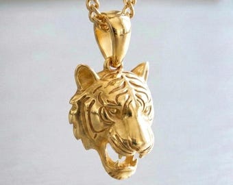 Yellow Gold Plated Tiger Head Pendant | Hancrafted Solid Silver 925 Tiger Necklace | Tiger Head | Men's Tiger Pendant | Silver Tiger Pendant
