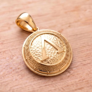 Bouclier spartiate plaqué or jaune avec pendentif lambda | Collier guerrier spartiate fabriqué à la main en argent 925 | Pendentif bouclier spartiate en argent pour homme