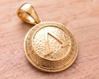 Yellow Gold Plated Spartan Shield with Lambda Pendant | Handcrafted Silver 925 Spartan Warrior Necklace | Men Silver Spartan Shield Pendant