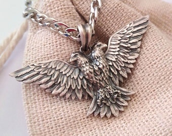 Oxidized Silver 925 Double Headed Eagle Pendant | Handcrafted Aged Silver 925 Double Headed Eagle Necklace | Men's Aged Silver Eagle Pendant