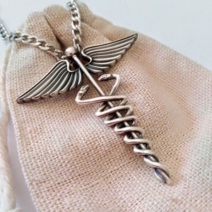 Oxidized Silver 925 Rod of Caduceus Pendant | Handmade Rod of Asclepius Necklace | Silver 925 Caduceus  Pendant | Women Silver 925 Necklace