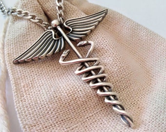 Oxidized Silver 925 Caduceus Pendant | Handcrafted Aged Sterling Silver Caduceus Necklace | Men Caduceus Pendant | Silver Medical Symbol
